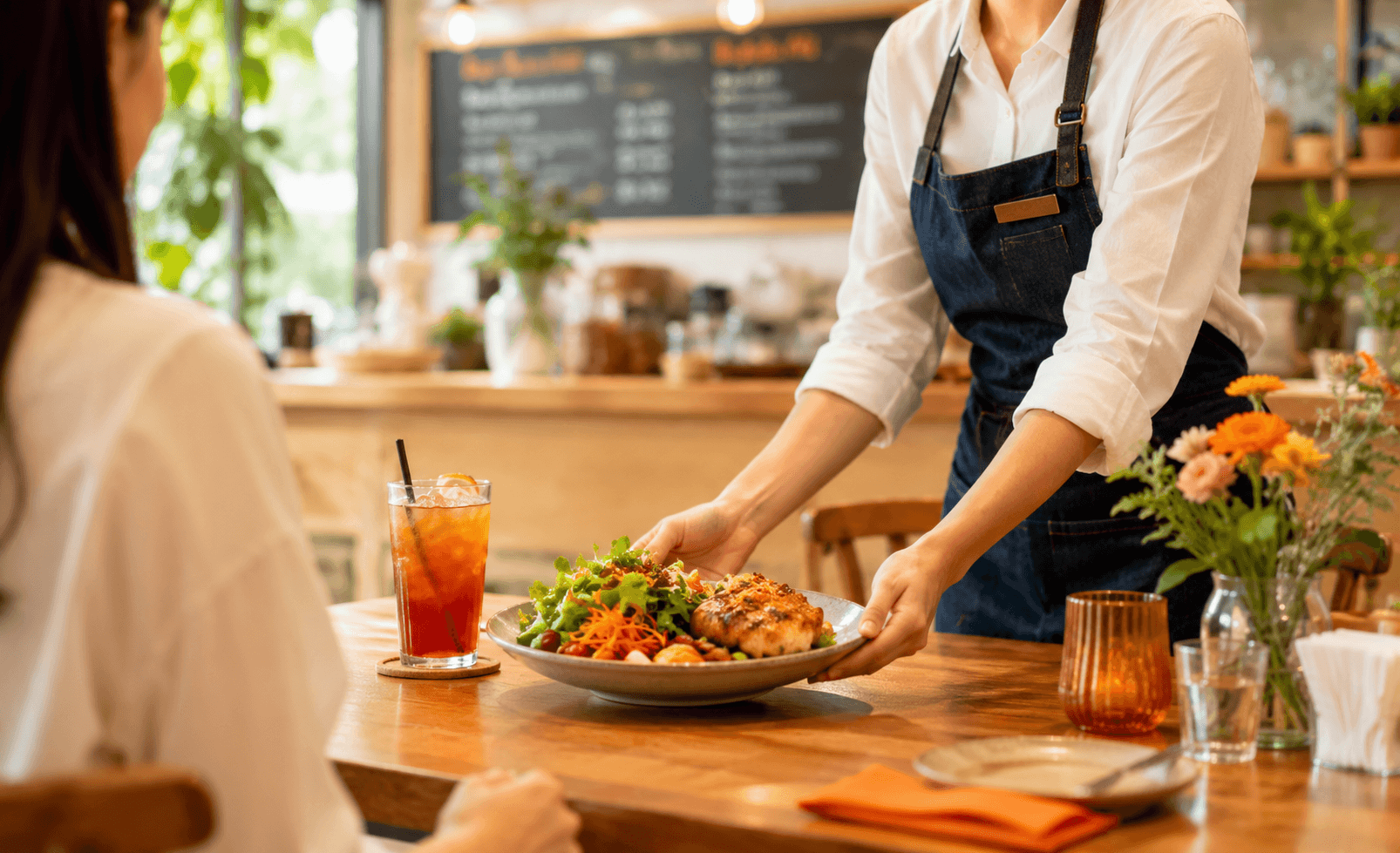 飲食店でスタッフが料理をテーブルに提供する様子