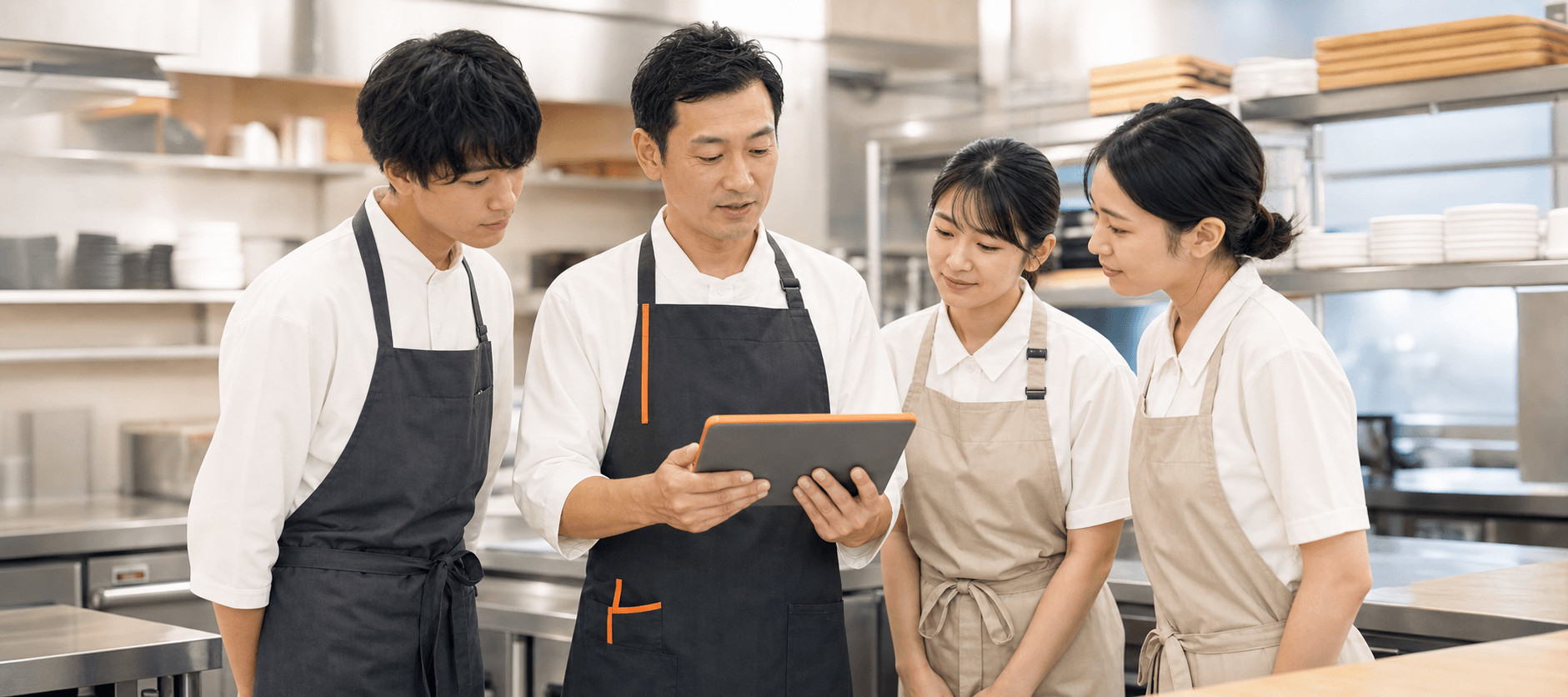 スタッフがタブレットで電子化された教育マニュアルを確認する様子