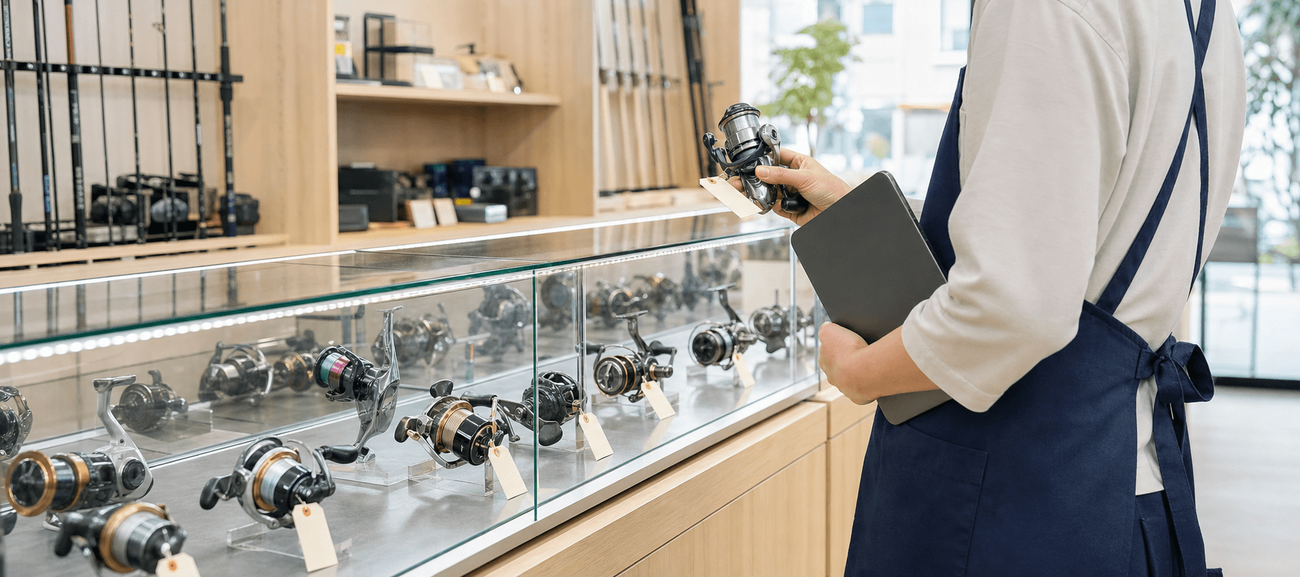 スタッフが中古釣具の買取をタブレットで処理する様子