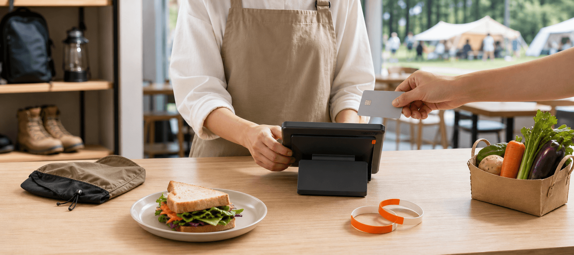 アウトドアブランドの直営店併設レストランでタブレットレジを使う様子