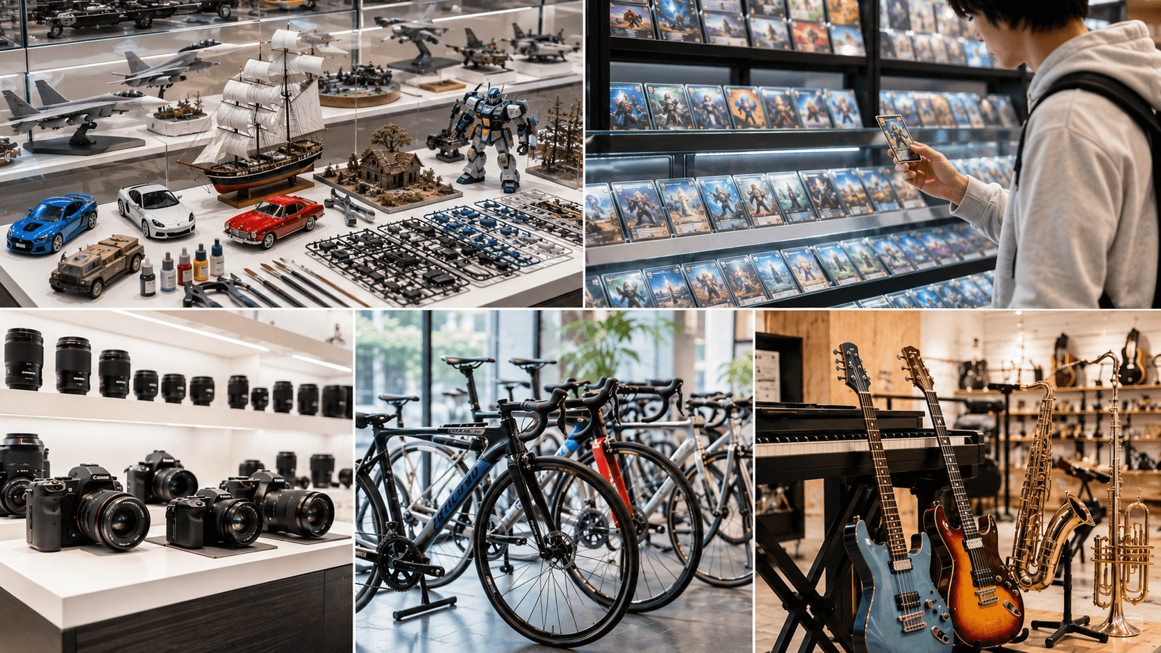 模型・トレカ・カメラ・自転車・楽器・書店など趣味性の高い専門店の店頭イメージ