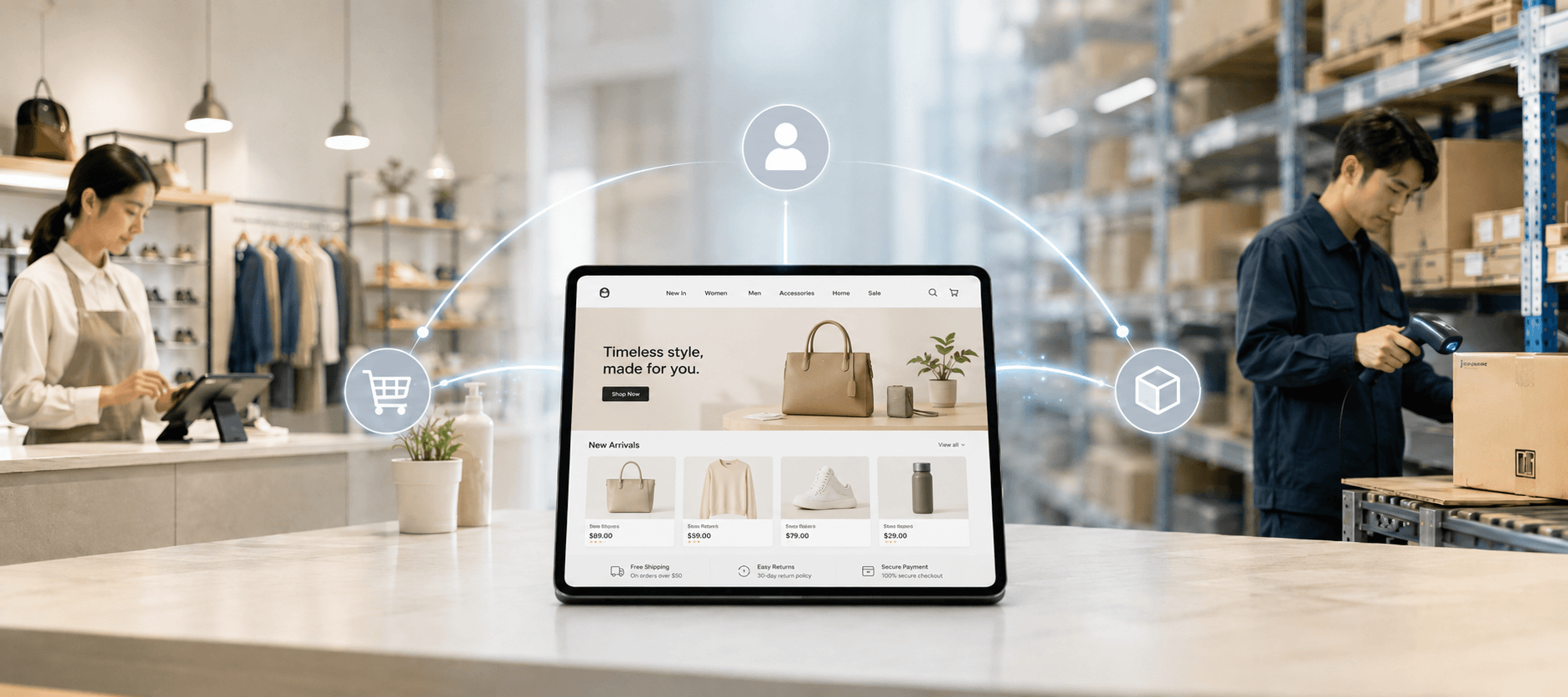 店舗レジ・ECサイト・倉庫の在庫と顧客情報がつながるオムニチャネルのイメージ