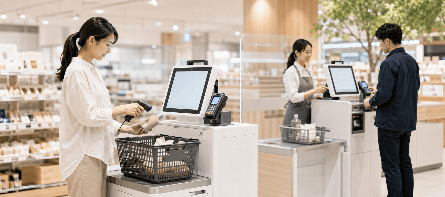 店内のセルフレジで顧客自身が商品をスキャンして会計する様子