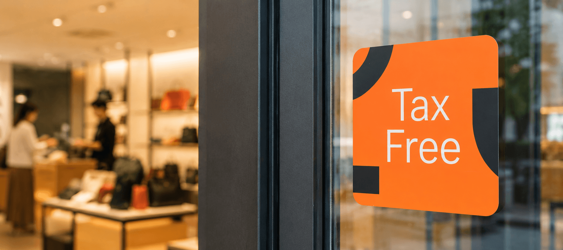 店舗入口のガラス面に掲示されたTax Free（免税）サイン