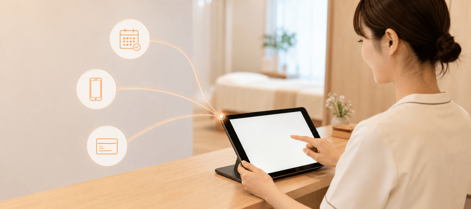 タブレットPOSで複数の予約サイトの予約を一元管理する様子